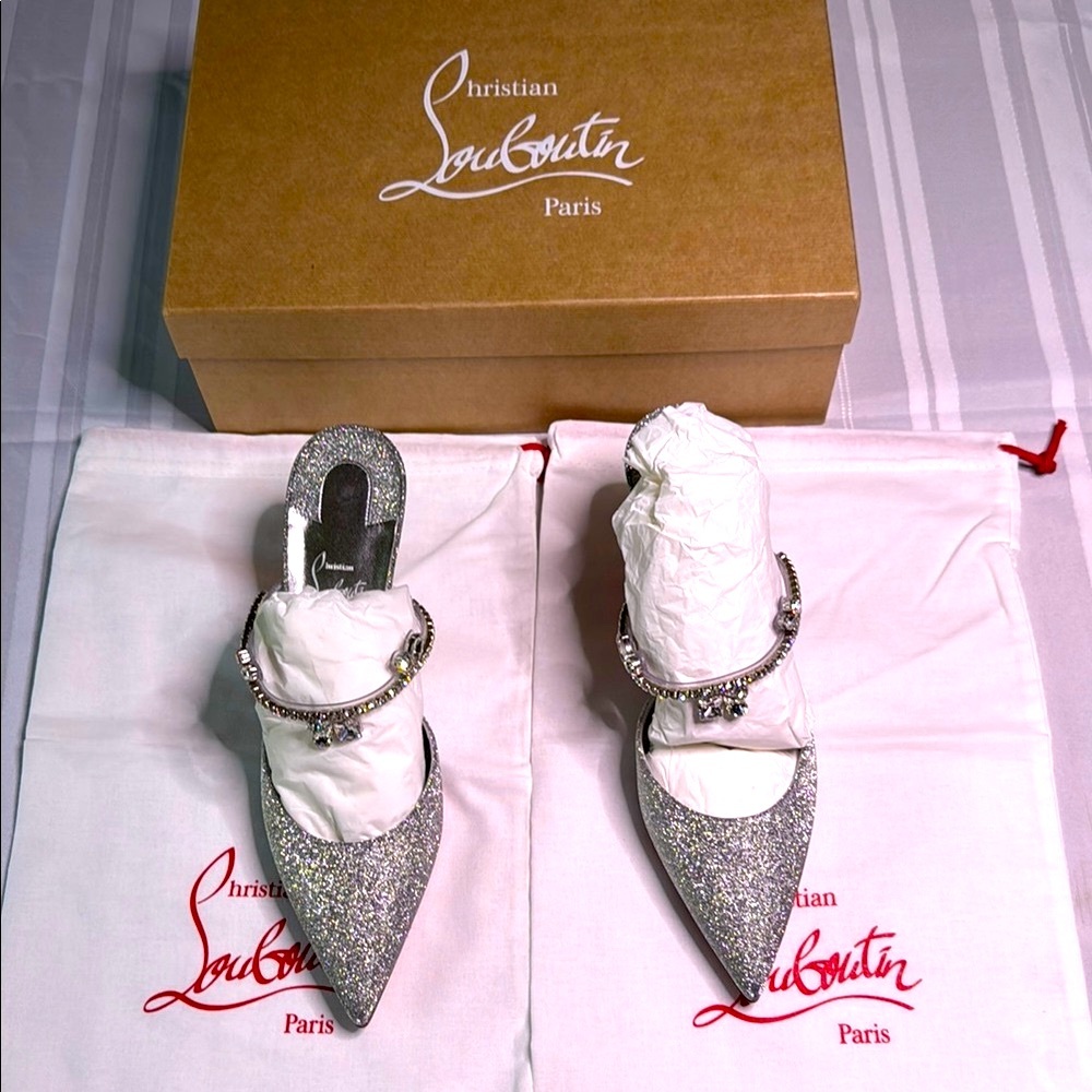Christian Louboutin Silver Heels with crystal  Strap. NIB.
